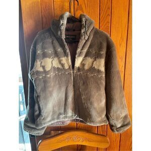 Vintage Woolrich Plush Gray Hooded Tumblewood Leaves Faux Fur Jacket Coat Sz M